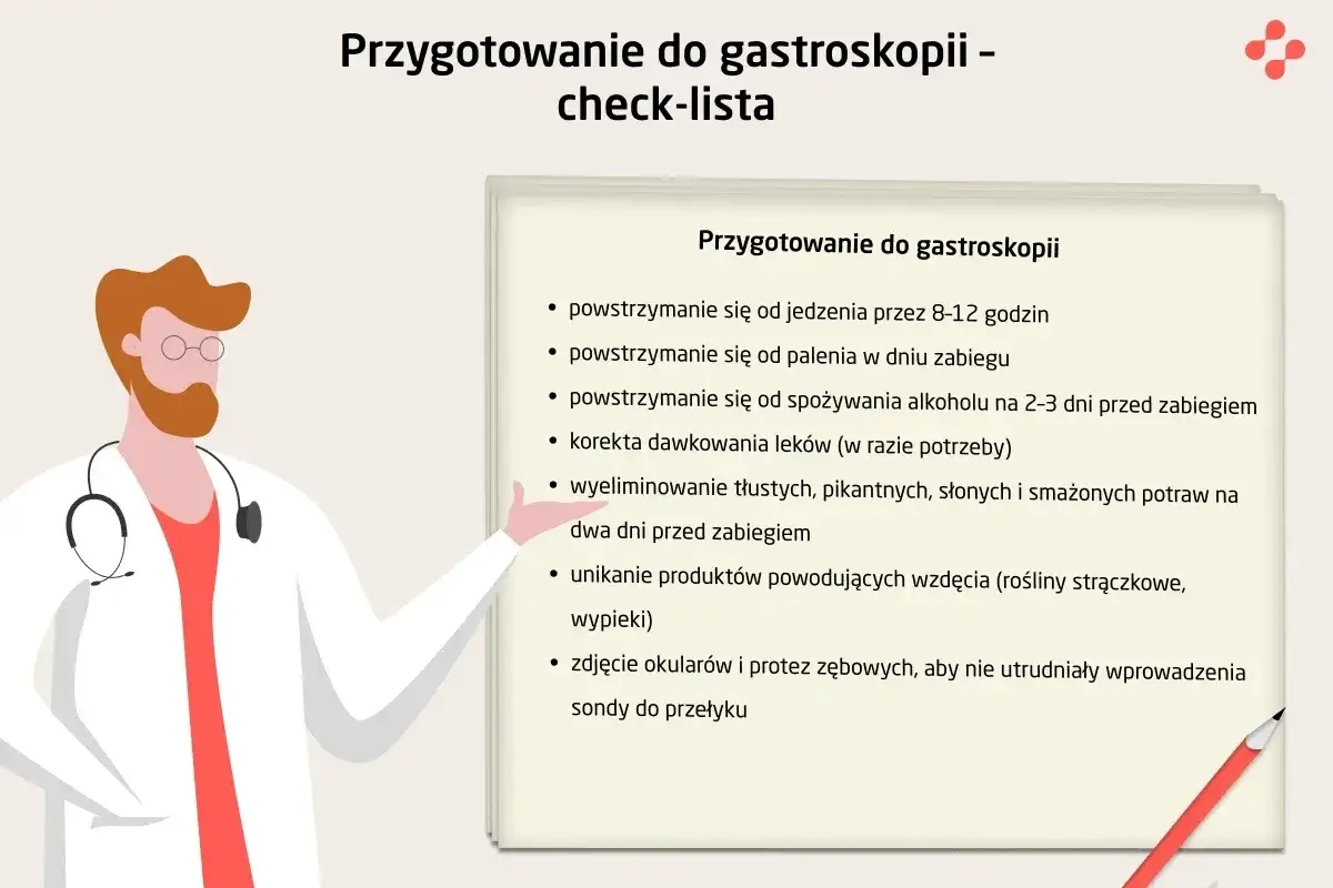 Lekarz wyjaśnia zasady przygotowanie do gastroskopii: post, unikanie alkoholu, leki, dieta, wzdęcia, okulary i protezy.