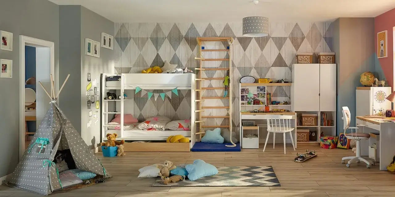 Pokój dziecięcy z łóżkiem piętrowym, biurkiem i mnóstwem miejsca na przechowywanie zabawek. Namiot tipi i pluszaki dodają przytulności.
