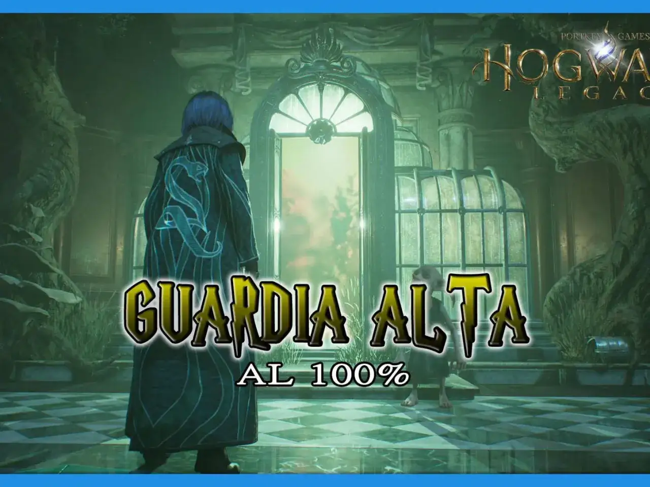 Un personaje con t&uacute;nica de Hogwarts Legacy, con un dise&ntilde;o de serpiente, se prepara para la guardia alta.