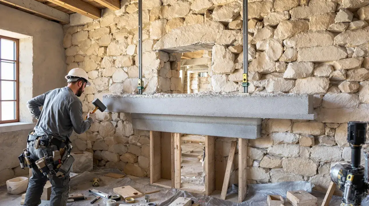Un ouvrier ajuste une chemin&eacute;e en b&eacute;ton devant une ouverture dans un mur en pierre.