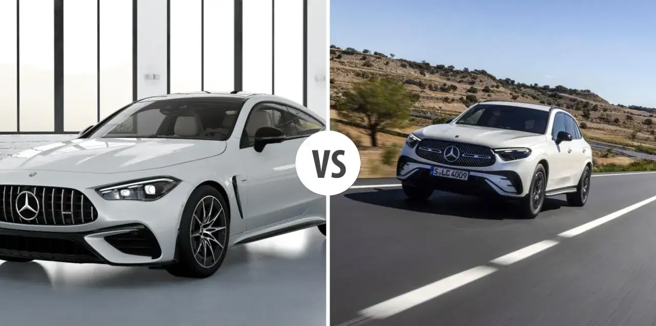 Porównanie białych Mercedesów: sportowy coupe vs SUV na drodze. Sprawdź, jaki **Mercedes GLC cena** będzie dla Ciebie najlepsza.