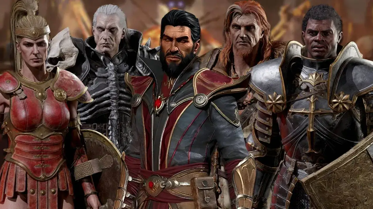Zestawienie pięciu **diablo 2 postacie**: Amazonka, nekromanta, czarodziej, barbarzyńca i paladyn, gotowi do walki.