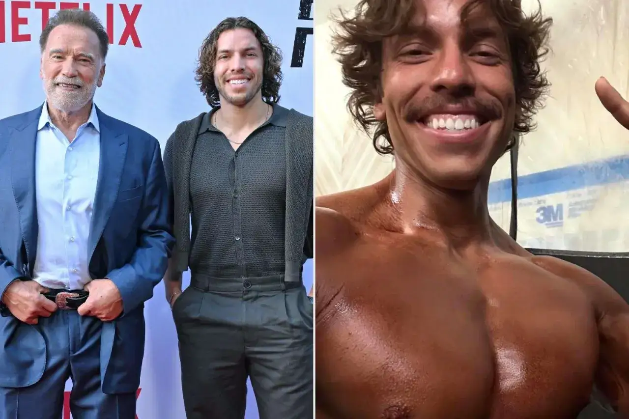 Arnold Schwarzenegger i Joseph Baena, syn Arnolda, prezentują swoje imponujące sylwetki.