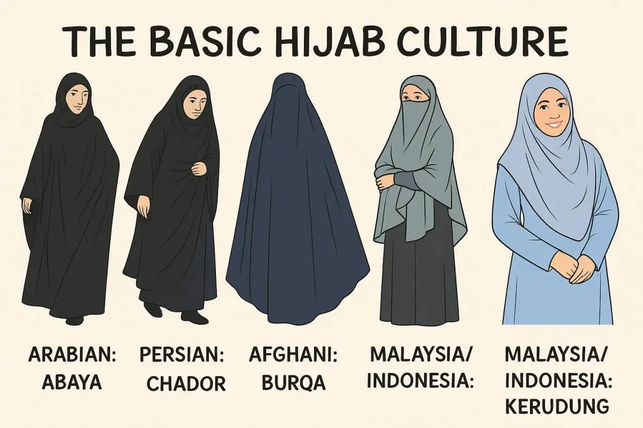 Ilustracja przedstawia pięć kobiet w tradycyjnych strojach: abaja, czador, burka, hidżab z nikabem i kerudung. Kobieta w burce zakrywa całe ciało.