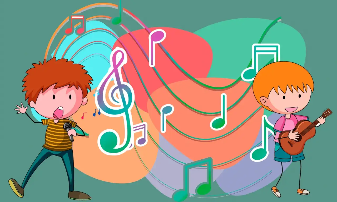 Niños cantando y tocando guitarra, aprendiendo qué es el ritmo musical para niños con notas y clave de sol coloridas.