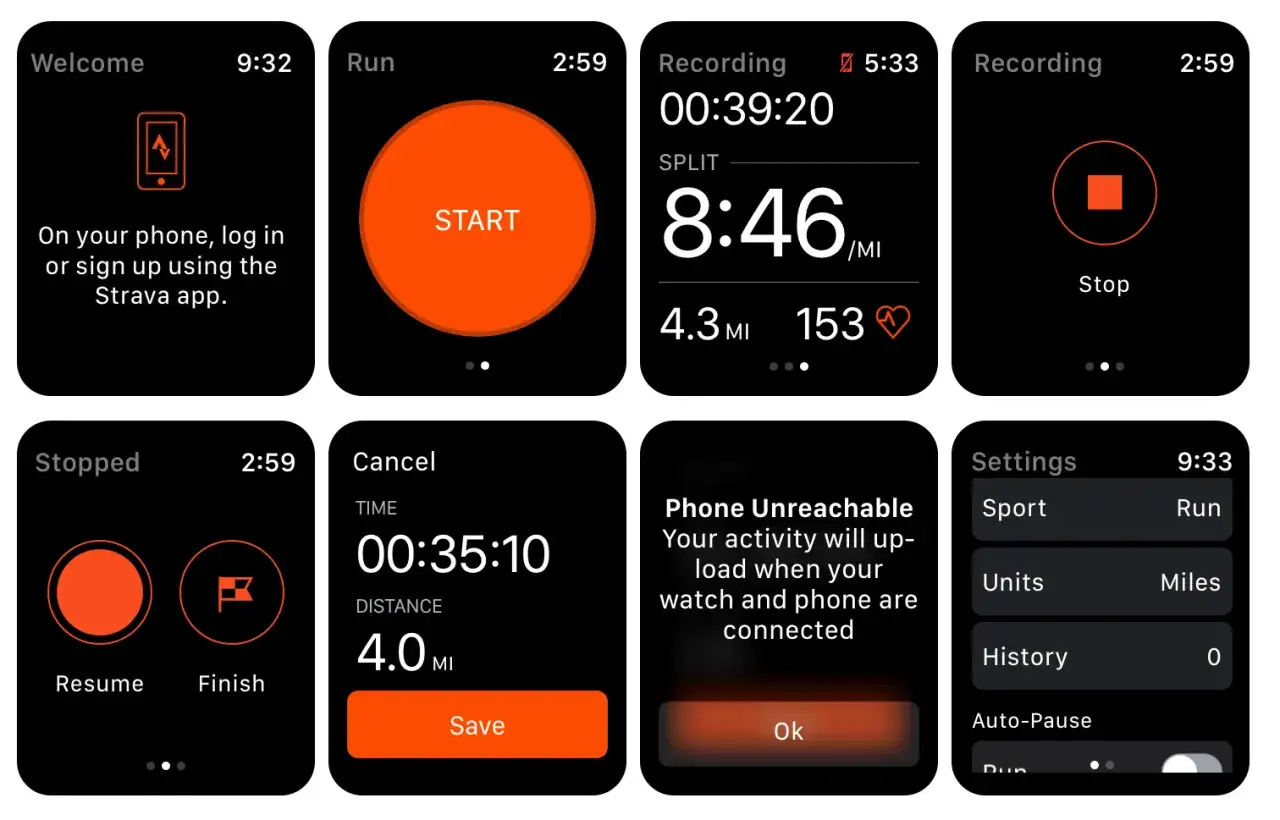 Ekran aplikacji Strava: start biegu, nagrywanie aktywności z dystansem i tętnem, zatrzymanie, anulowanie i ustawienia.