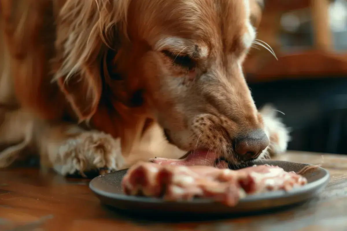 Goldener Retriever frisst rohen Pansen. Nach Durchfall eine gesunde Mahlzeit f&uuml;r den Hund.