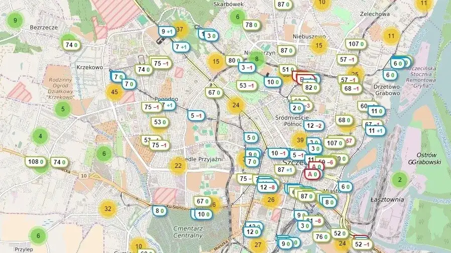 Mapa komunikacji miejskiej Szczecina z zaznaczonymi gł&oacute;wnymi punktami