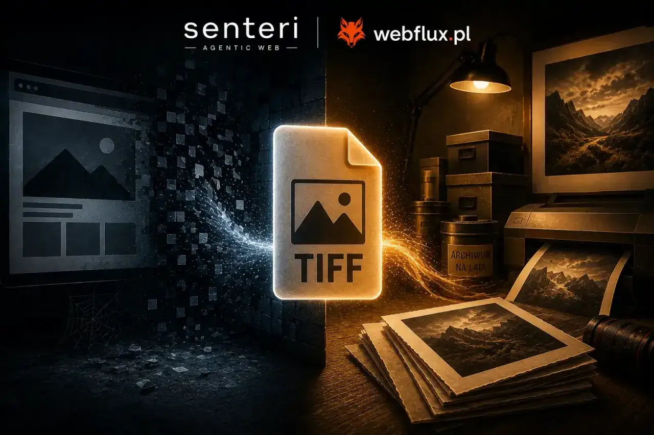 Ikona pliku **TIFF** pośrodku, z lewej strony cyfrowy ekran, z prawej drukarka i stos zdjęć.