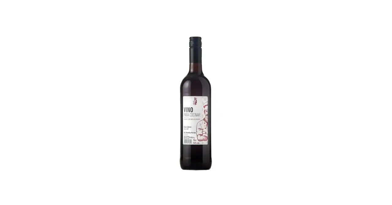 Botella de vino tinto para cocinar, ideal para realzar tus platos. Disfruta del vino con moderación.