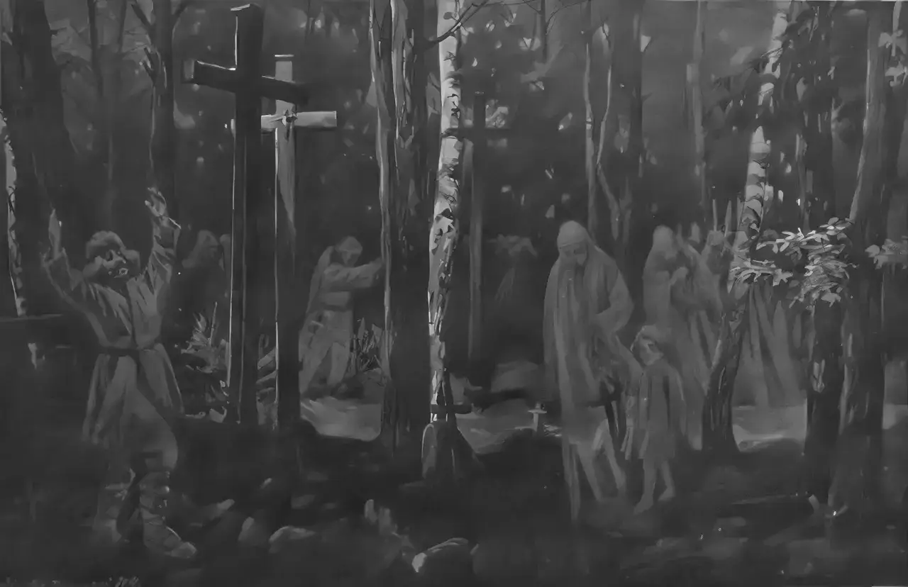 Nastrojowa scena z lasu, gdzie postacie w długich szatach, przypominające dziady, zbierają się wokół krzyży.