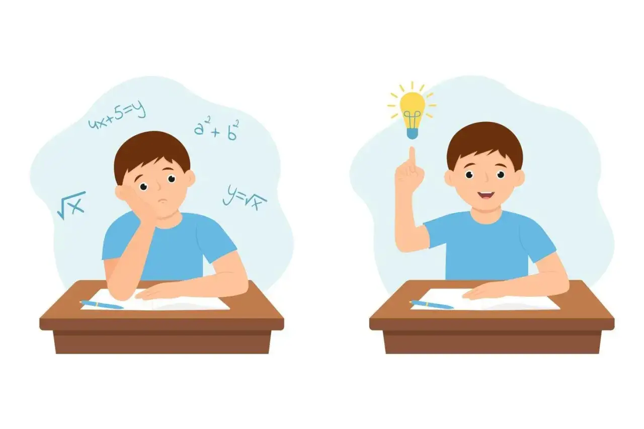 Niño aburrido con problemas de suma y resta, luego con una bombilla de idea brillante.