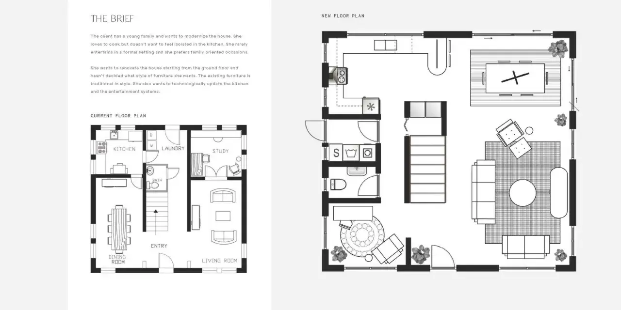 Floor plans showing a current layout and a proposed new layout, illustrating the role of an interior designer in modernizing a home for a family.