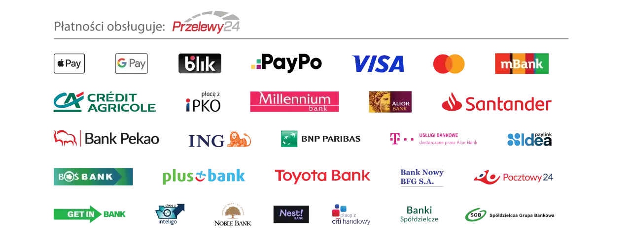 Szybkie płatności obsługiwane przez Przelewy24: Apple Pay, Google Pay, Blik, Visa, Mastercard, mBank, Santander, Crédit Agricole, Millennium, Alior Bank, Pekao, ING, BNP Paribas, T-Mobile Usługi Bankowe, BOS Bank, Plus Bank, Toyota Bank, Bank Nowy BFG ...