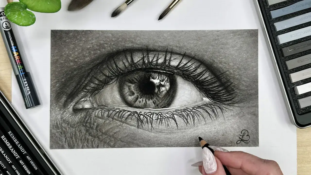 Un œil réaliste dessiné au crayon, avec des cils détaillés et un iris complexe. L'artiste termine son œuvre.