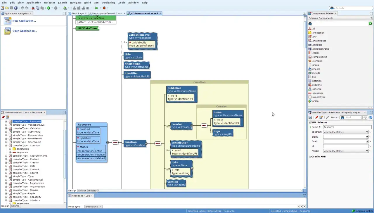 Diagram schematu XML pokazujący, jak otworzyć plik XML, z elementami Resource, Curation i Creator.