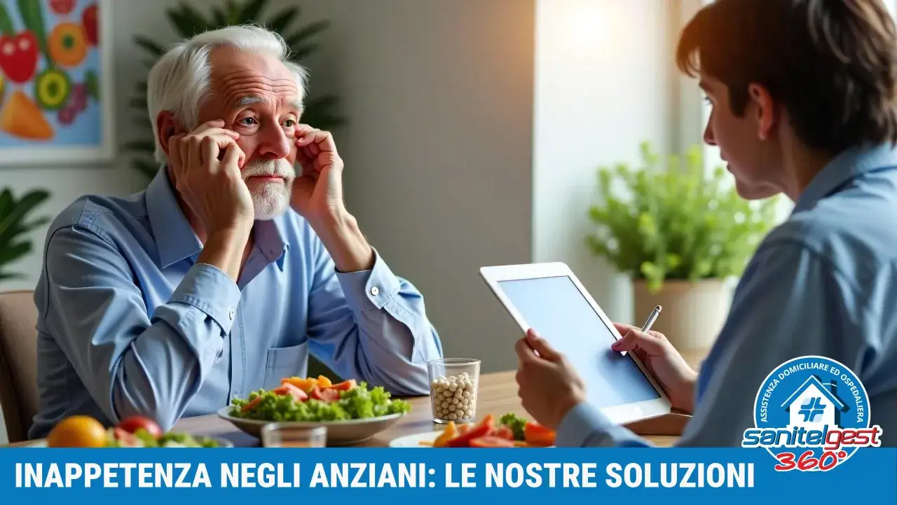 Anziano con inappetenza, come mio nonno non mangia pi&ugrave;, riceve assistenza. Un giovane mostra un tablet.
