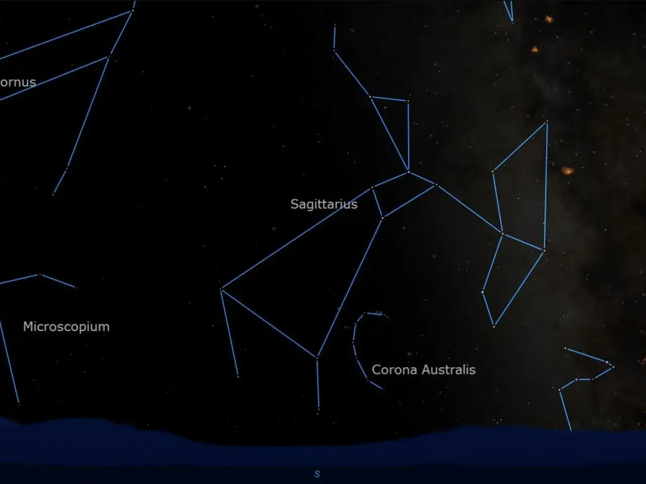 Gwiazdozbiór Sagittarius, czyli strzelec znak zodiaku po angielsku, na nocnym niebie. Widoczne też inne konstelacje.