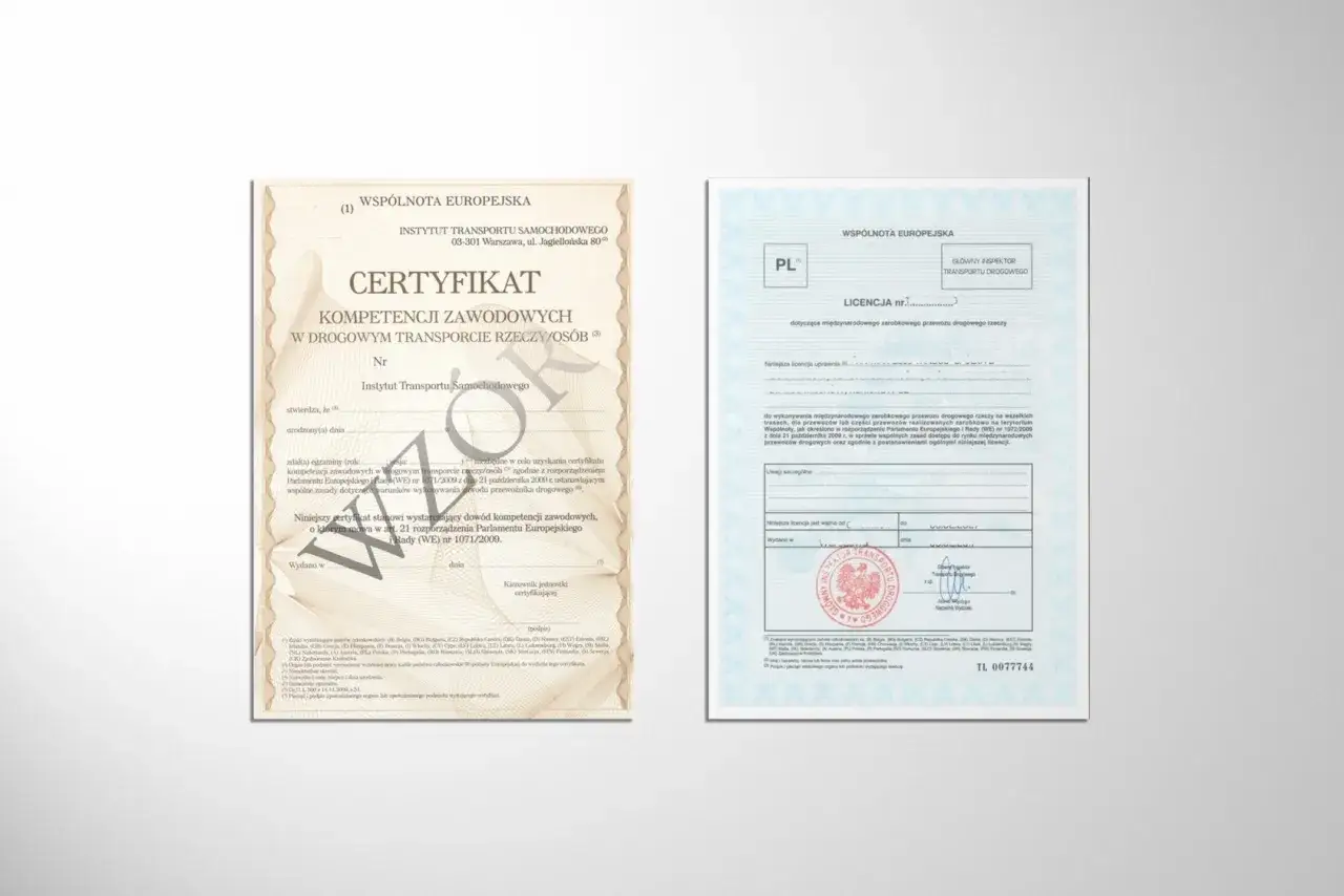 Certyfikat kompetencji zawodowych w transporcie drogowym oraz licencja spedycyjna wydane przez Instytut Transportu Samochodowego i Głównego Inspektora Transportu Drogowego.