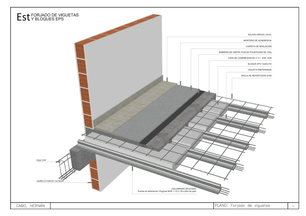 Detalle constructivo de un forjado de viguetas y bloques EPS, mostrando capas de aislamiento, compresi&oacute;n y acabado.