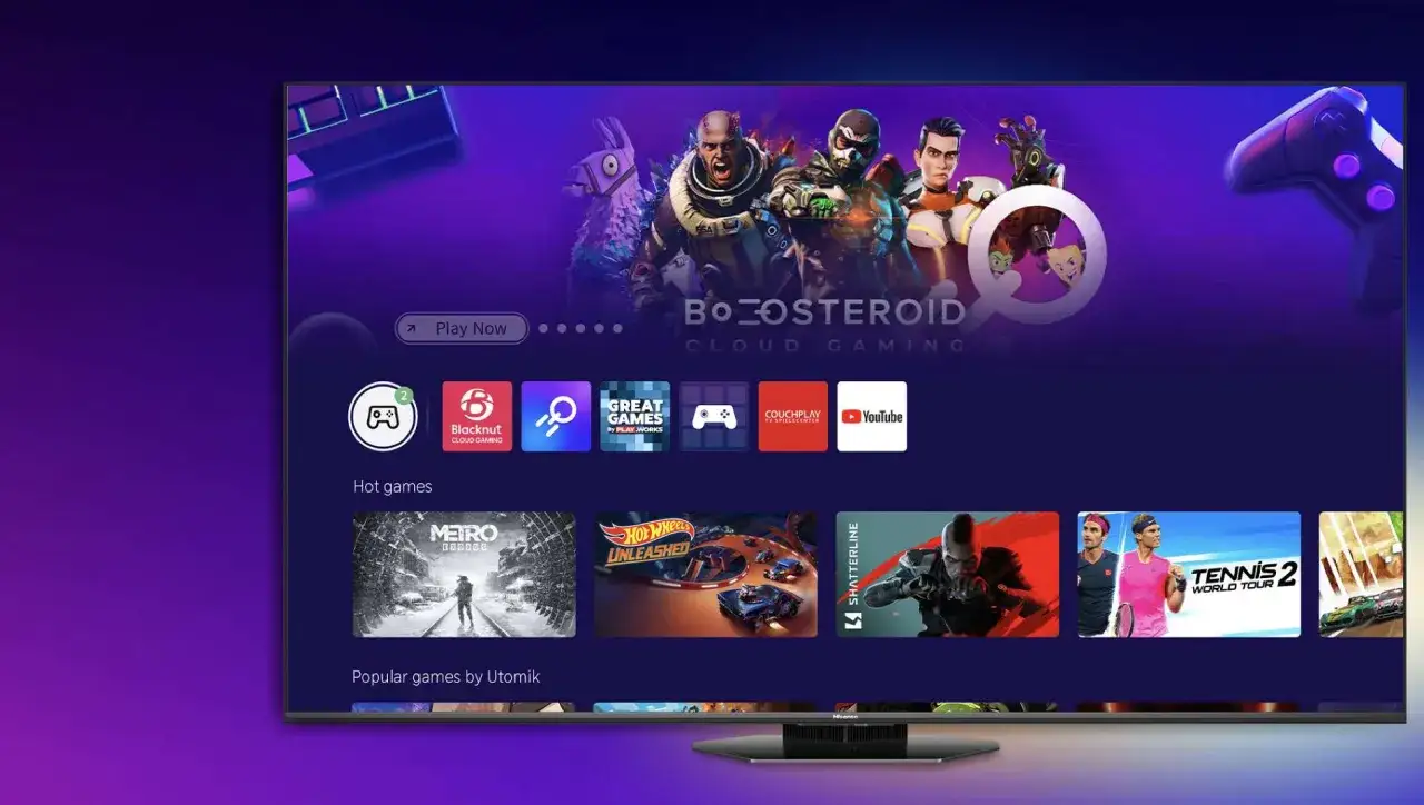 Interfejs vidaa z grami w chmurze. Widoczne ikony aplikacji, gorące i popularne gry, np. Metro Exodus, Hot Wheels Unleashed, Tennis 2 World Tour.