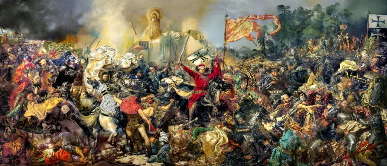 Dynamika i chaos bitwy pod Grunwaldem na obrazie Matejki. W centrum rycerz w czerwieni, wokół niego zgiełk walki, chorągwie i postacie historyczne.