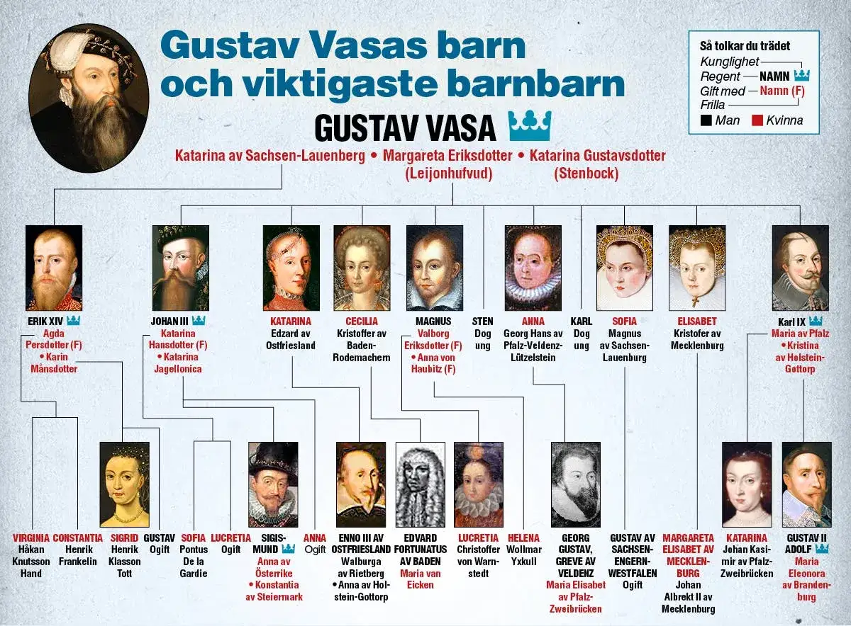 Gustav Vasa, hans barn och barnbarn. Tr&auml;det visar sl&auml;ktbanden, med Gustav Vasa som stamfader.