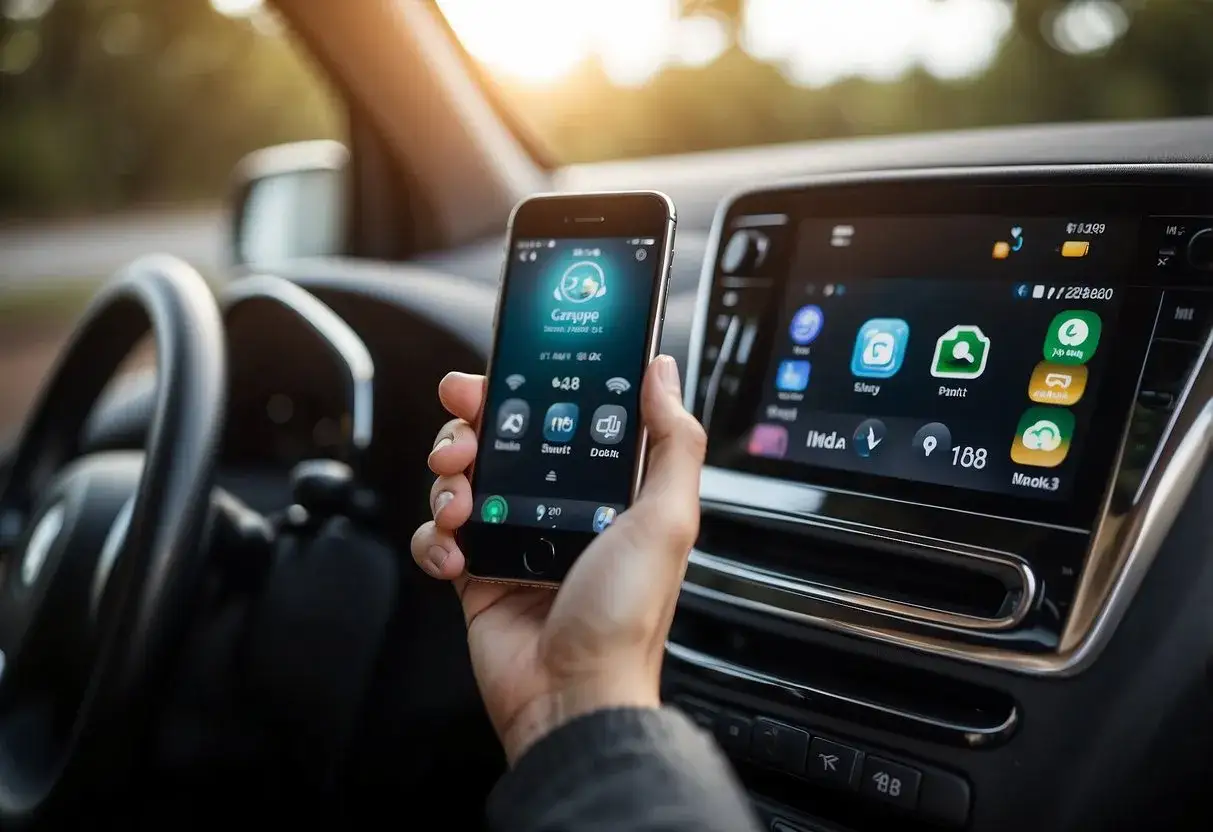 Dłoń trzyma smartfon z interfejsem Carplay, połączony z ekranem samochodu.