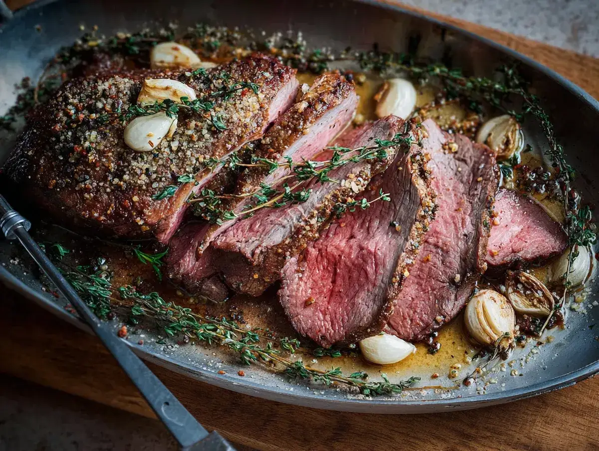 Nyskuret rostbiff med perfekt rostas temperatur, garnerad med vitlök och timjan i en panna.