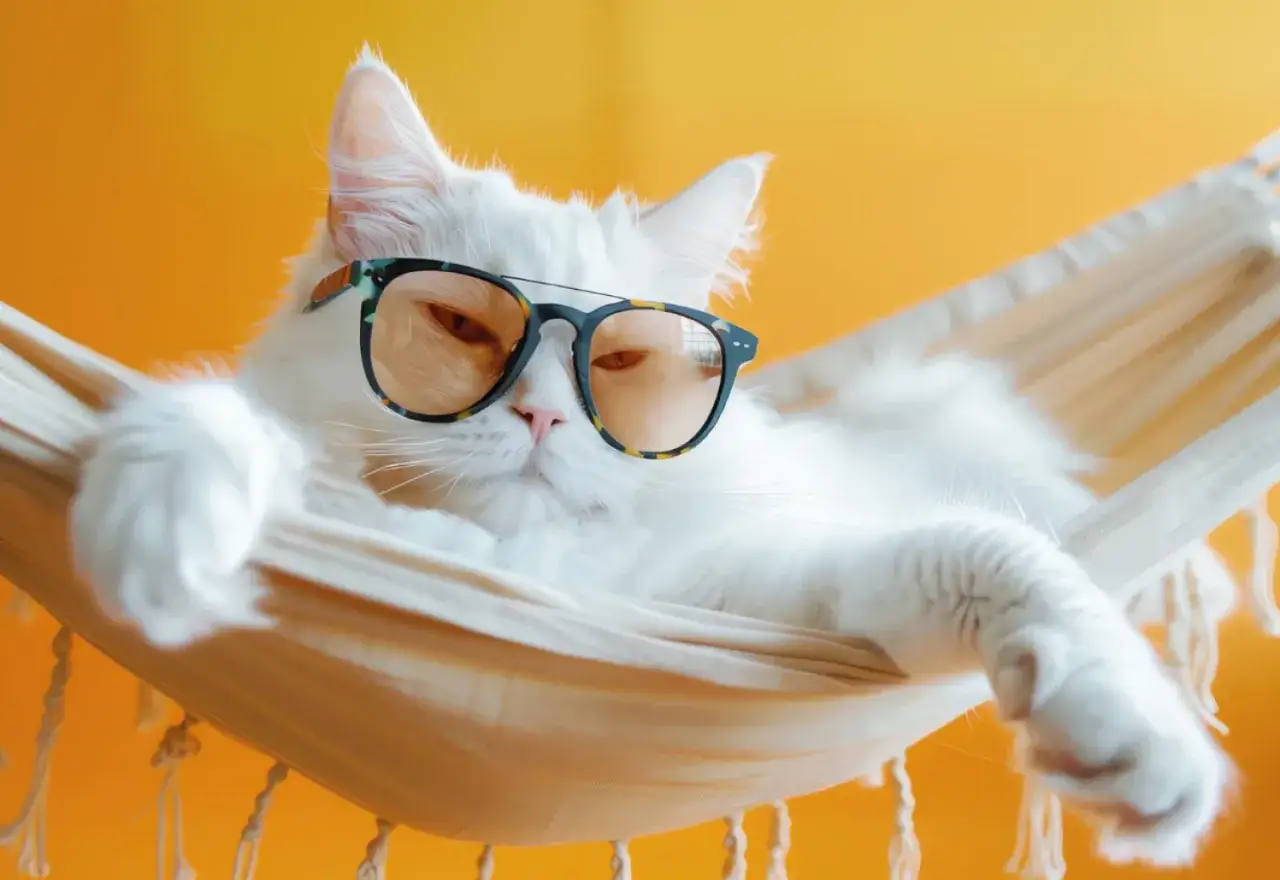 Gato blanco con gafas de sol descansando en una hamaca. Un ejemplo de los cuidados de un gato: &iexcl;relajaci&oacute;n total!