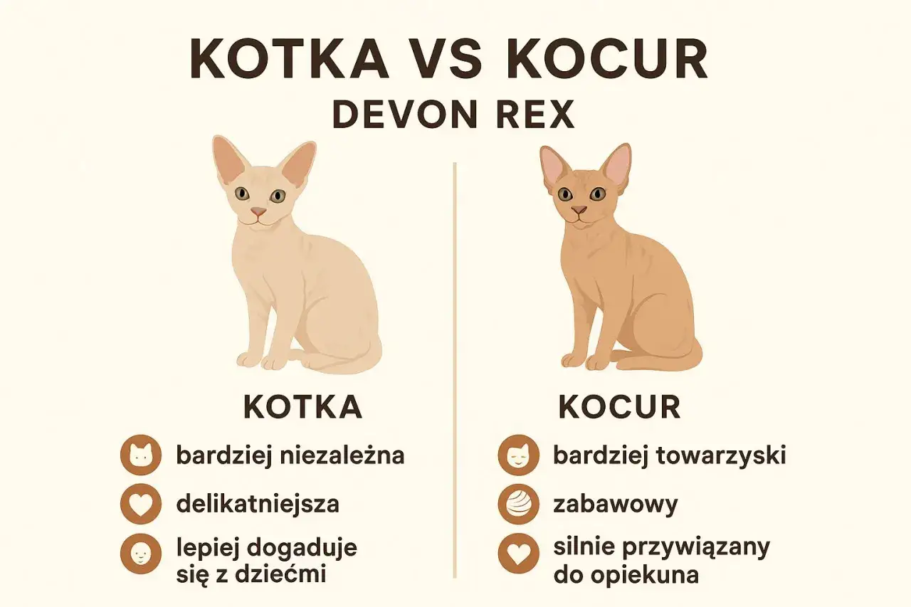 Jak rozpoznać płeć kota Devon Rex? Kotka jest bardziej niezależna, kocur towarzyski. Porównanie cech kotki i kocura.