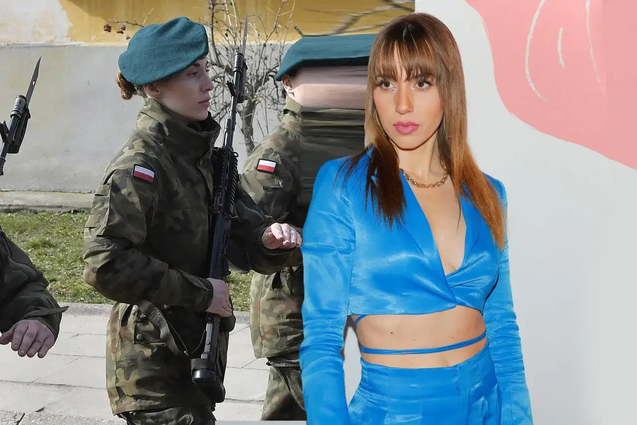 Marianna Schreiber w stylizacji z wojskowymi w tle. Zdjęcia pokazują kontrast między służbą a modą.