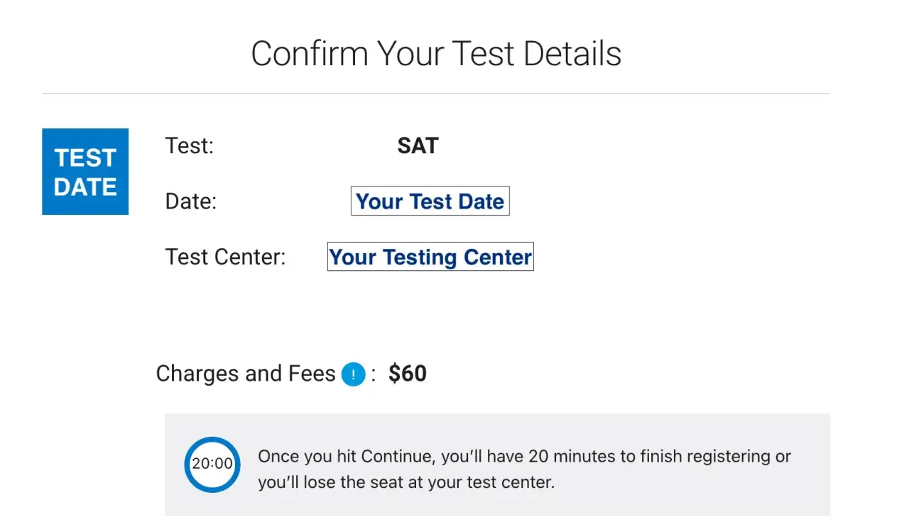 Bekr&auml;fta dina SAT-testdetaljer i Sverige. Datum, testcenter och avgifter visas. Skynda dig att slutf&ouml;ra registreringen!