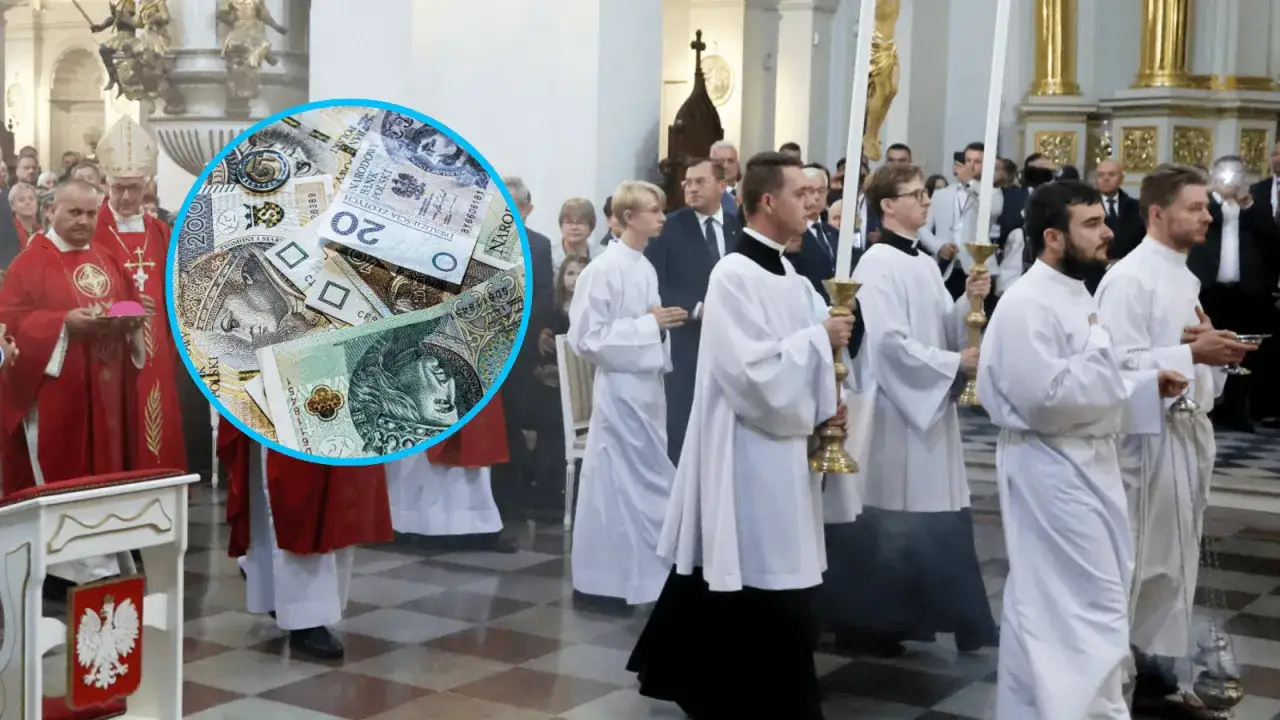 Biskup w Polsce zarabia, a na zdjęciu widać polskie banknoty i procesję.