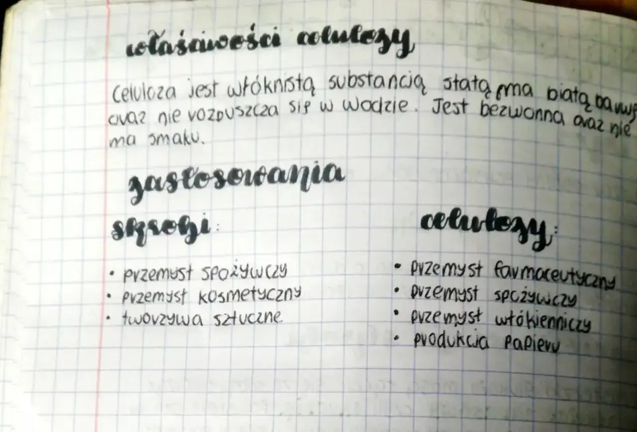 Właściwości celulozy: włóknista, biała, nierozpuszczalna w wodzie, bezwonna. Zastosowania: przemysł spożywczy, kosmetyczny, farmaceutyczny, produkcja papieru.