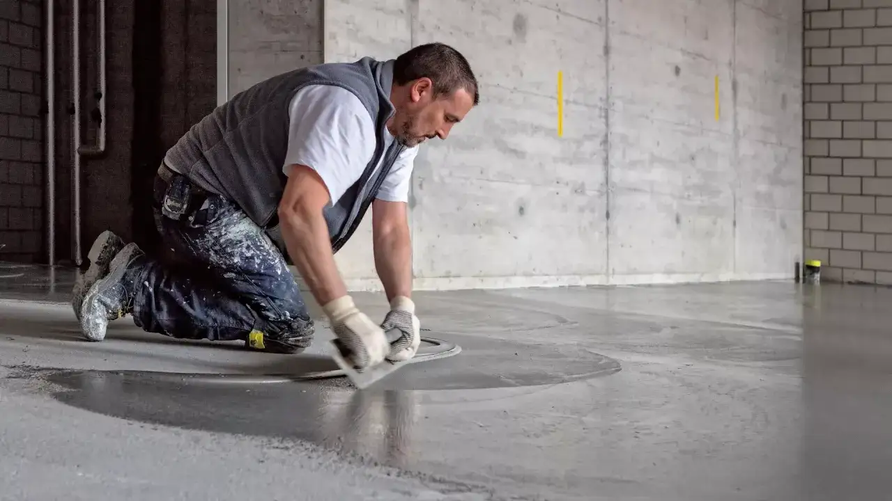 Man knäböjer och använder en bredspackel för att flytspackla ett betonggolv.