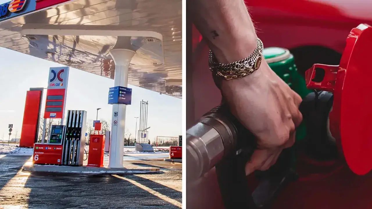 Tankar bilen med 98 oktan. En hand med armband håller i pumpen vid en OKQ8-station.