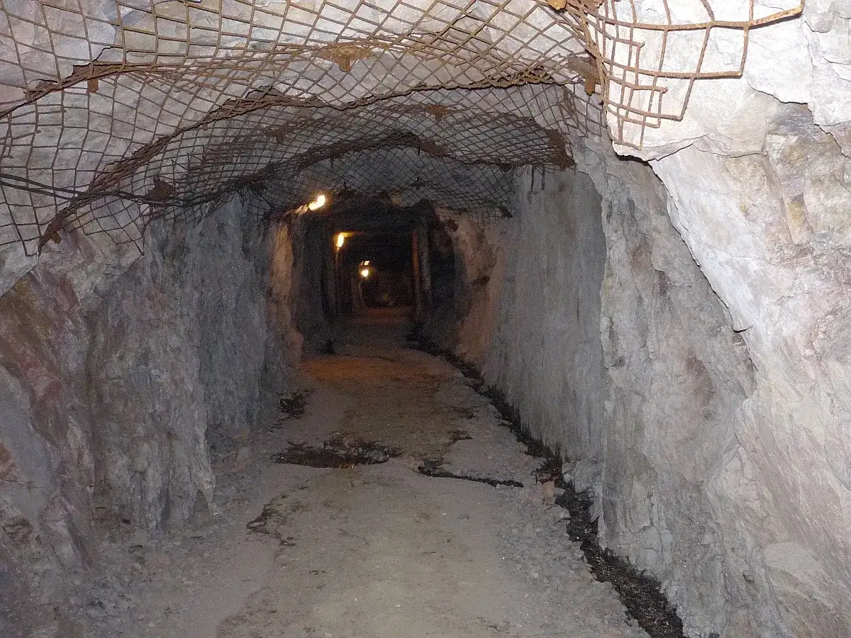 Wydrążony tunel w Górach Sowich, z kamiennymi ścianami i zardzewiałą siatką zabezpieczającą strop.