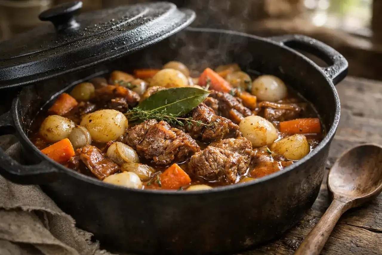 Un savoureux navarin d'agneau mijote dans une cocotte en fonte, avec des carottes, des oignons et des pommes de terre.
