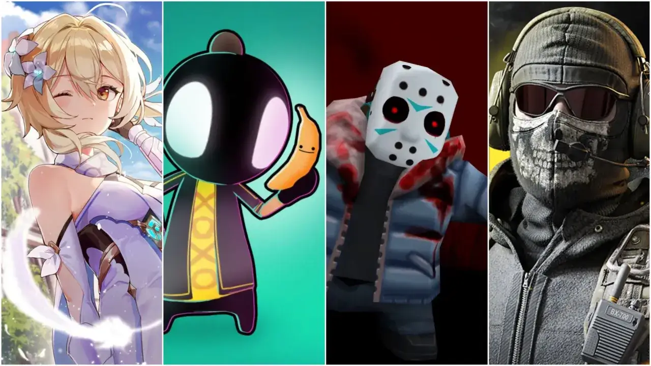 Kolaż postaci z gier: anime, czarna postać z bananem, Jason Voorhees i żołnierz. Idealne gry na androida za darmo!