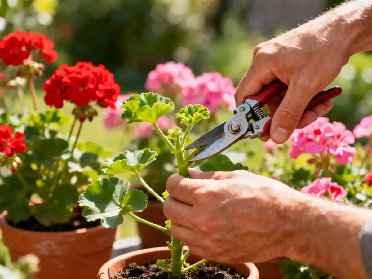 Dłonie przycinają pęd geranium sekatorami. W tle kwitnące czerwone i r&oacute;żowe pelargonie.