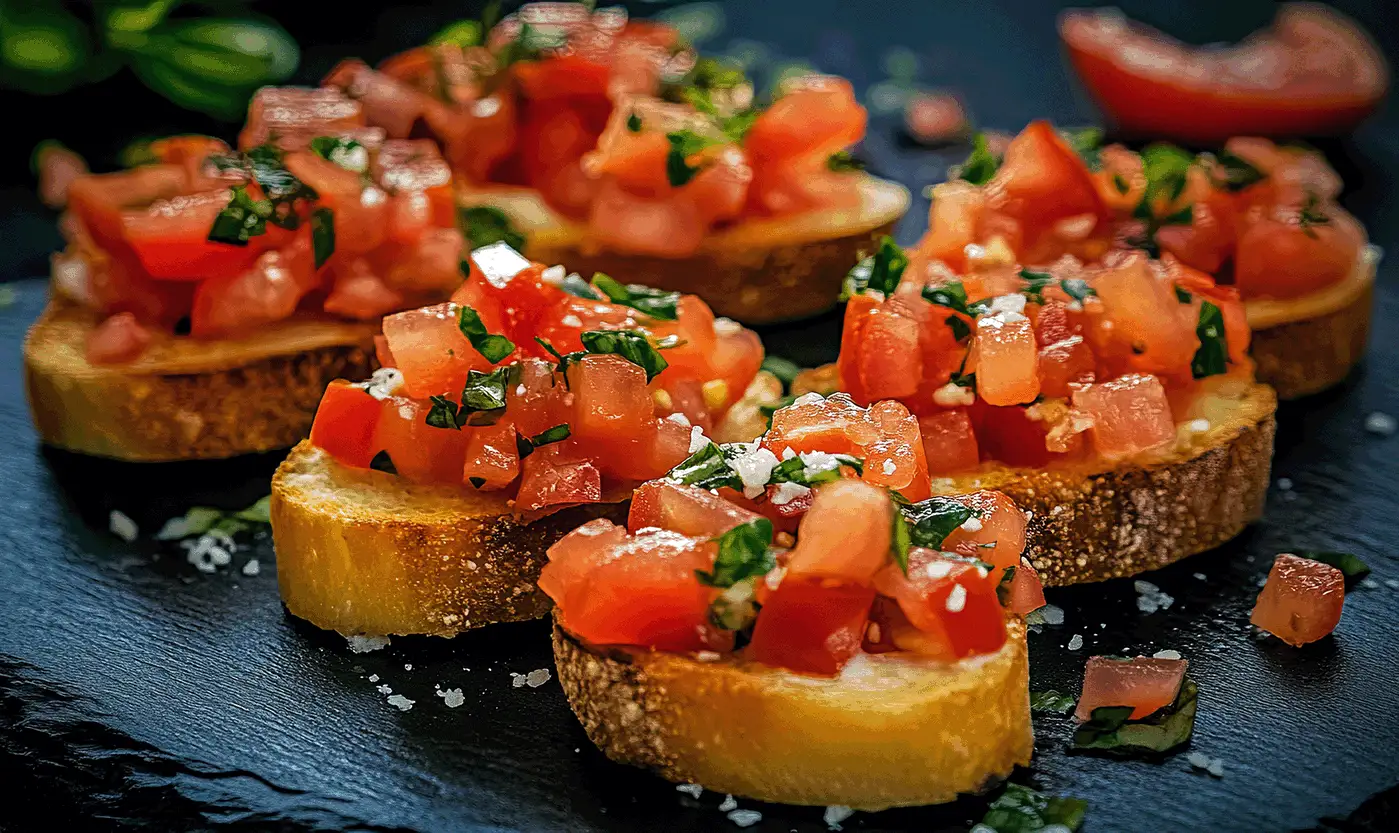 Leckere Bruschetta, ein einfaches brotsalat rezept mit frischen Tomaten, Basilikum und Knoblauch auf geröstetem Brot.