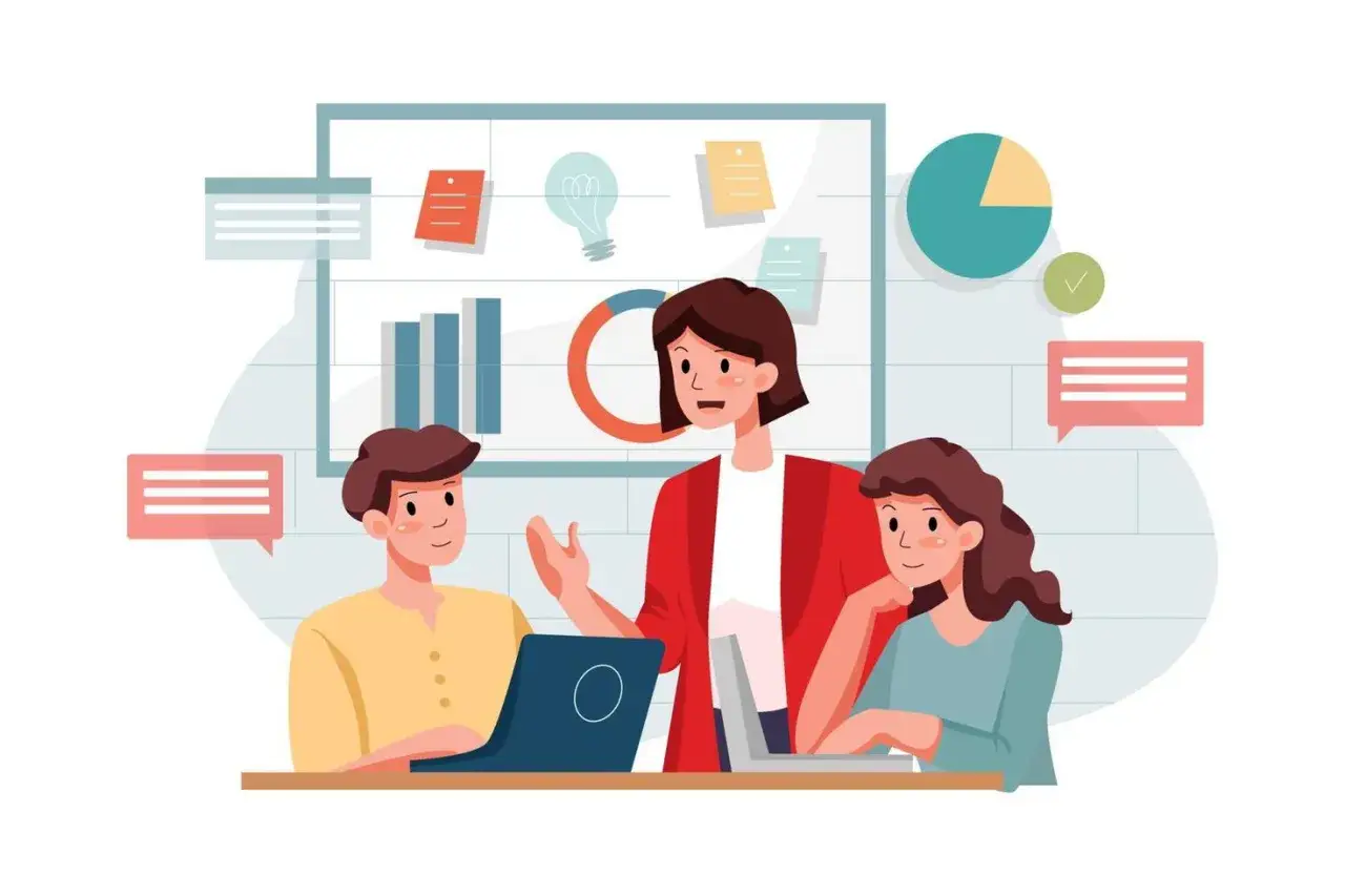 Equipo discutiendo un argumentario de ventas frente a un tablero con gr&aacute;ficos y notas.
