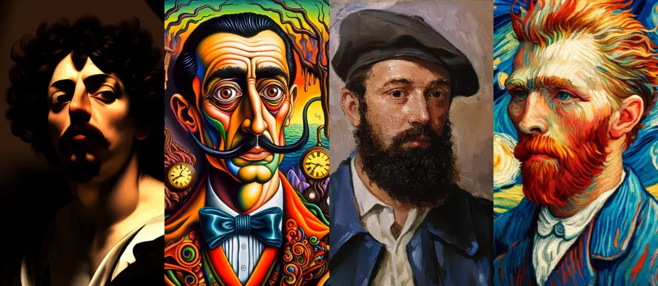 Portrety w stylu znanych malarzy, stworzone przez **ai do generowania obrazów**. Widzimy tu m.in. surrealistycznego Dalego i ekspresyjnego Van Gogha.
