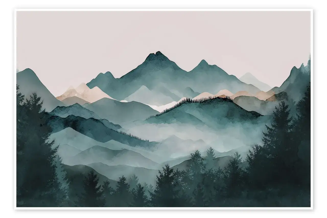 Misty mountain layers in teal and tan, framed by dark pine trees. A serene fine art landscape photography piece evoking a sense of peaceful solitude.