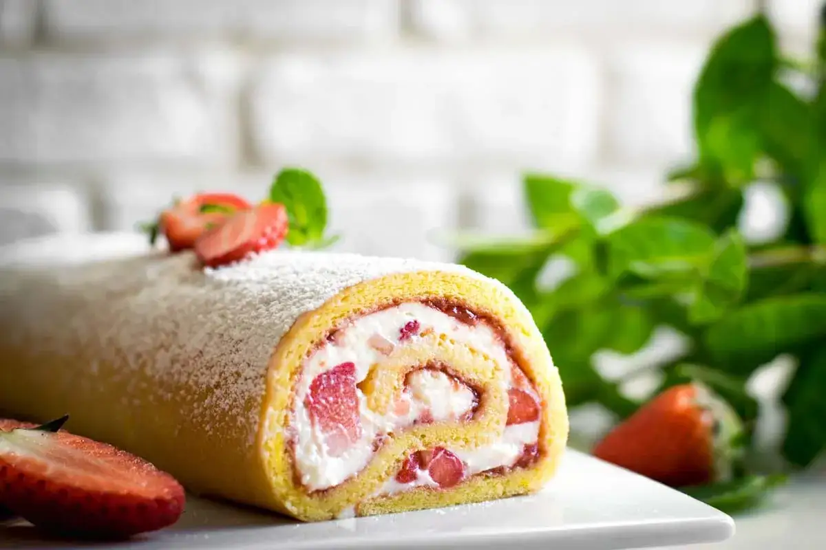Rotolo panna e fragole cosparso di zucchero a velo, decorato con fragole fresche e menta. Un dolce invitante e fresco.
