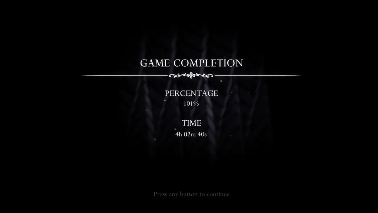 Pantalla de finalización de Hollow Knight con 101% completado en 4h 02m 40s. ¡Grandes logros!