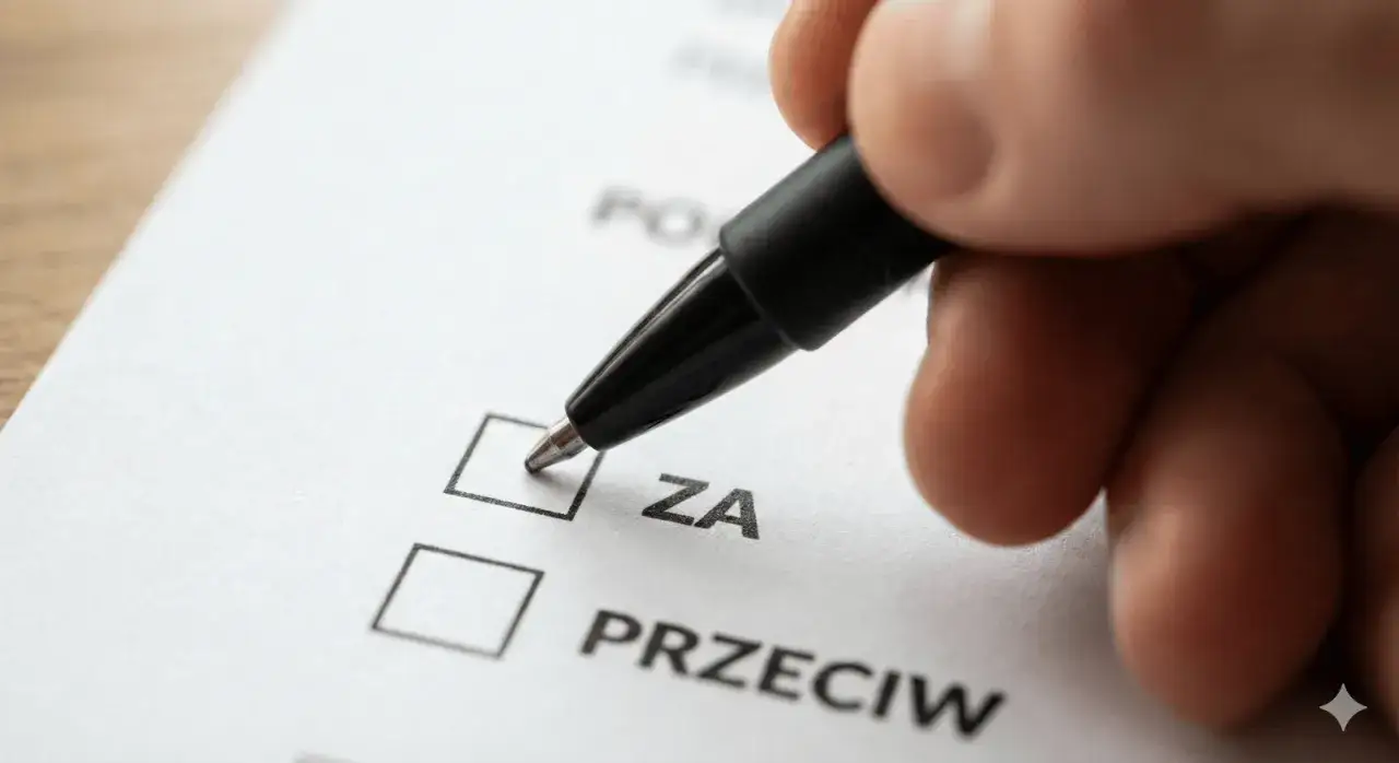 Głosowanie nad przepisami dla dużej wspólnoty mieszkaniowej. Długopis zaznacza opcję