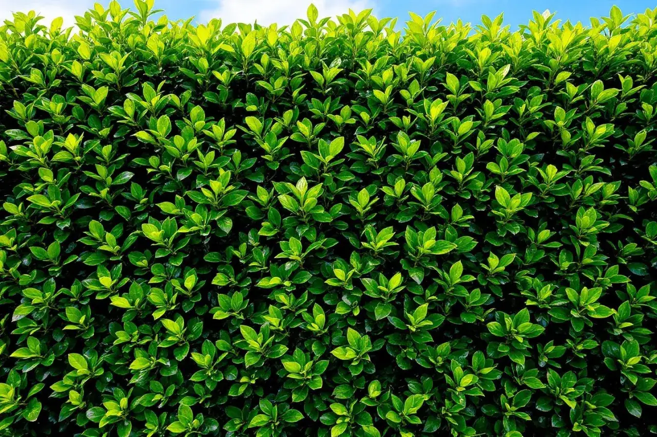 Un mur dense de feuilles vertes brillantes de laurier palme, sous un ciel bleu clair.