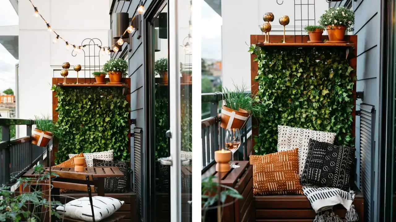 Gem&uuml;tlich einen kleinen Balkon einrichten: Holztisch, Bank mit Kissen, Lichterkette und viel Gr&uuml;n.